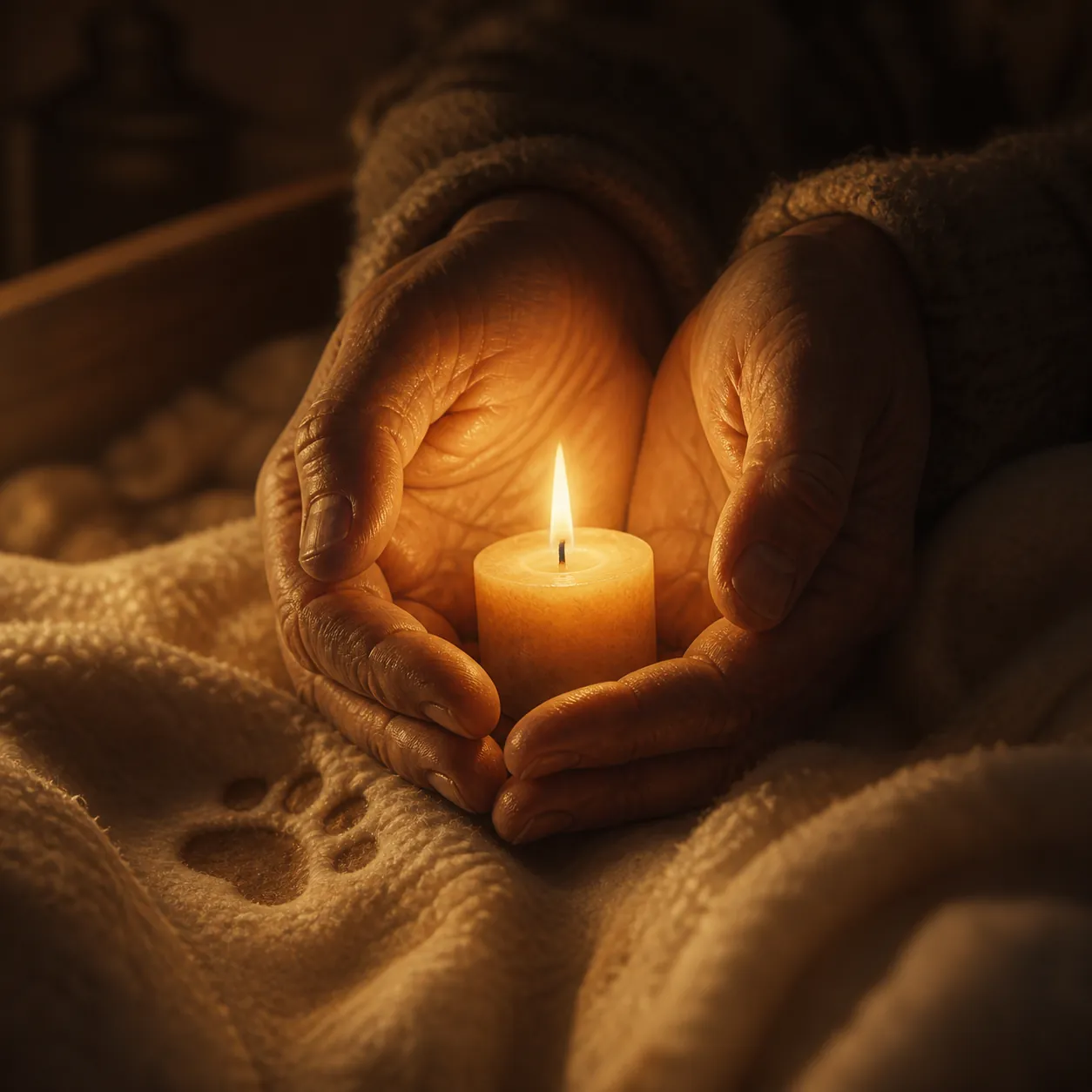 Weary hands cradling a candle on a soft blanket, paw prints pressed beside it.